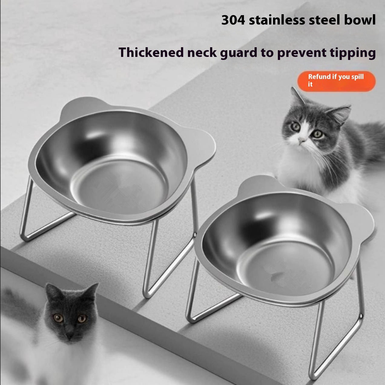 Stainless Steel Elevated Cat Bowl — 304 Grade with Anti-Tip Stand